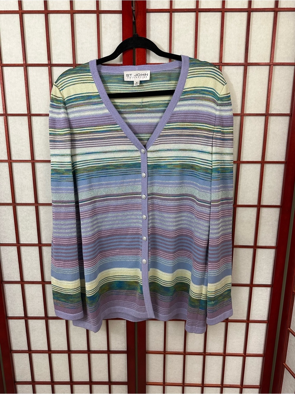 St John Collection Purple Green Blue Striped Coastal Casual Cardigan Sweater